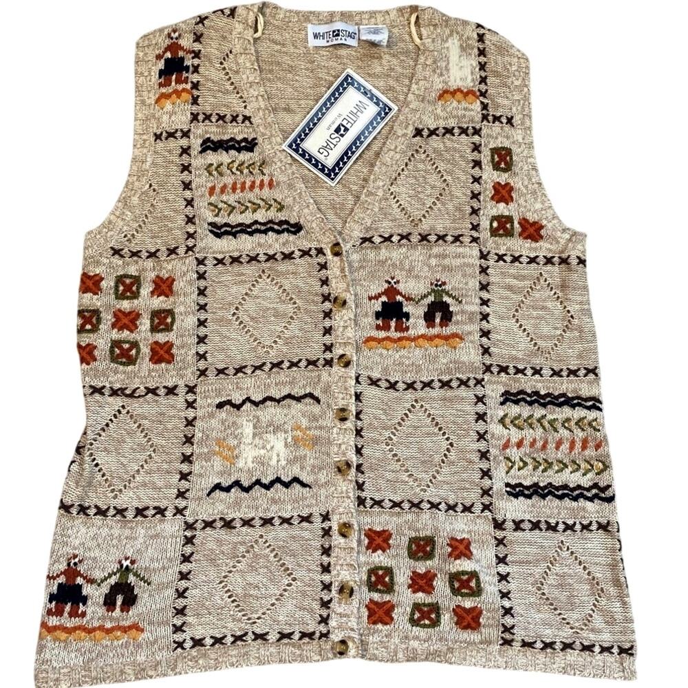 NWT Vintage White Stag Sweater Vest Womens 22W 24W Beige Knit Patchwork 90s NOS